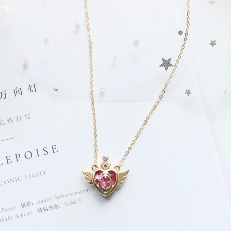 Serena Cute Sailor Moon Inspired Pink Heart Mirror Gold Pendant Necklace