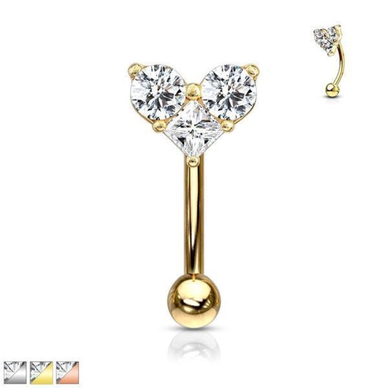 Triple Gem Heart Curve 16G Gold