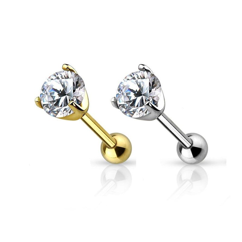 14kt Gold Gem Cartilage Bar 16G 6mm Yellow Gold 3mm