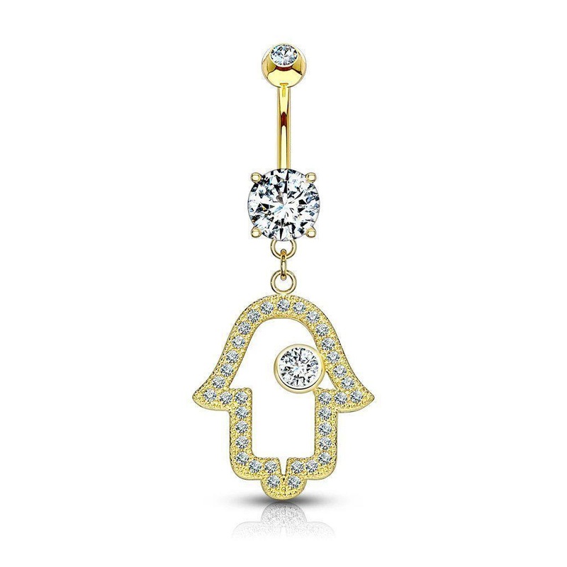 14kt Yellow Gold Hamsa Dangle Belly Bar 14G