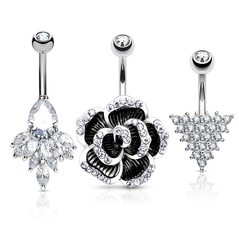 3pc Flower Sparkle Belly Bars 14G
