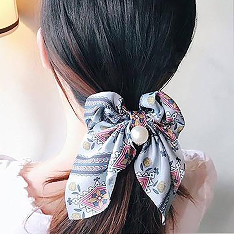 Belle Trending Satin Print Pearl Bow Tie Ribbon Scrunchie Hair Jewelry 1