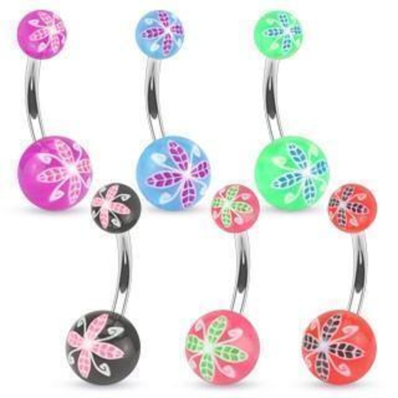 Floral Print Belly Bar 14G Blue