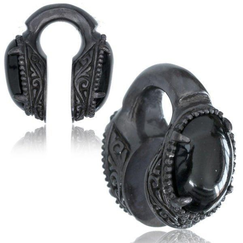 Gun Metal Filigree Onyx Ear Weights PAIR