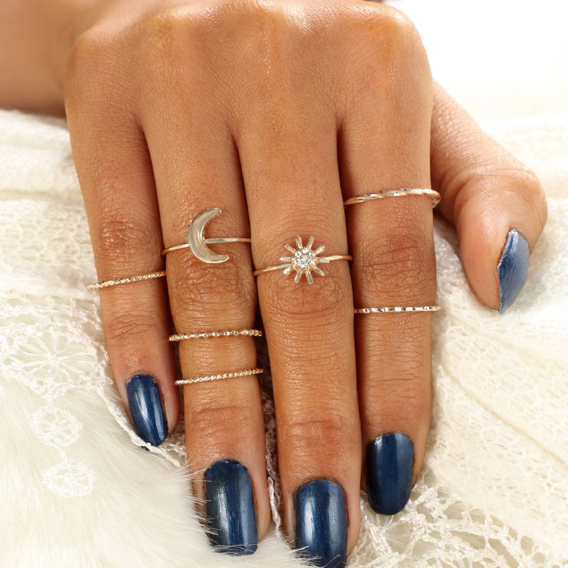 Nemu Cute Crystal Sun & Moon Minimalist Stackable Midi Rings Set 7 Pieces