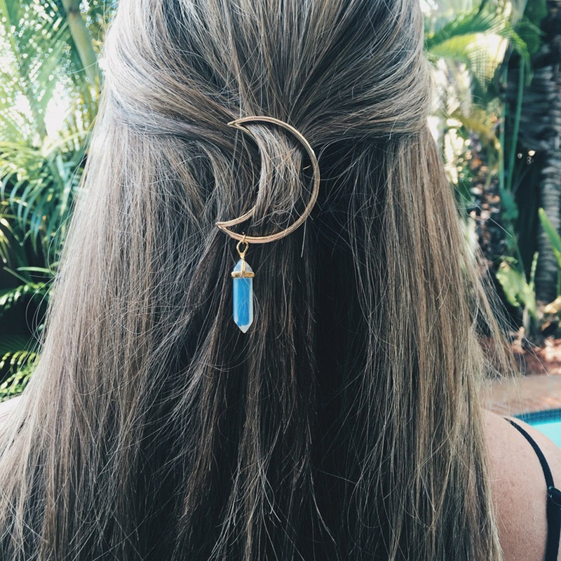 Neoma Moon with Opal Gemstone Pendant Hair Clip Barrette Jewelry Opal