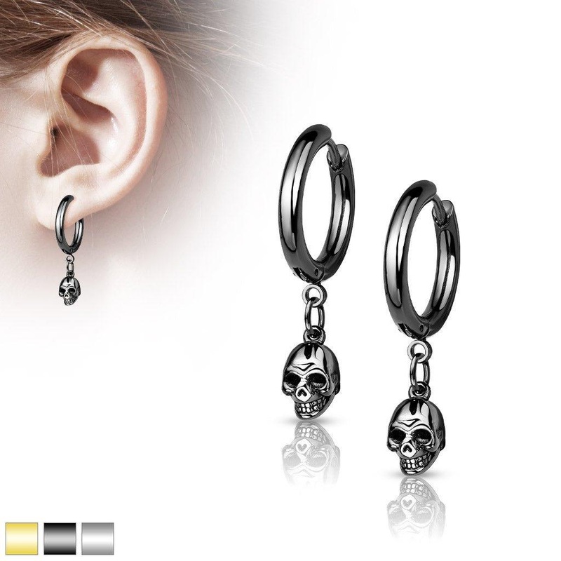 Skull Dangle Huggies Earrings Pair Black