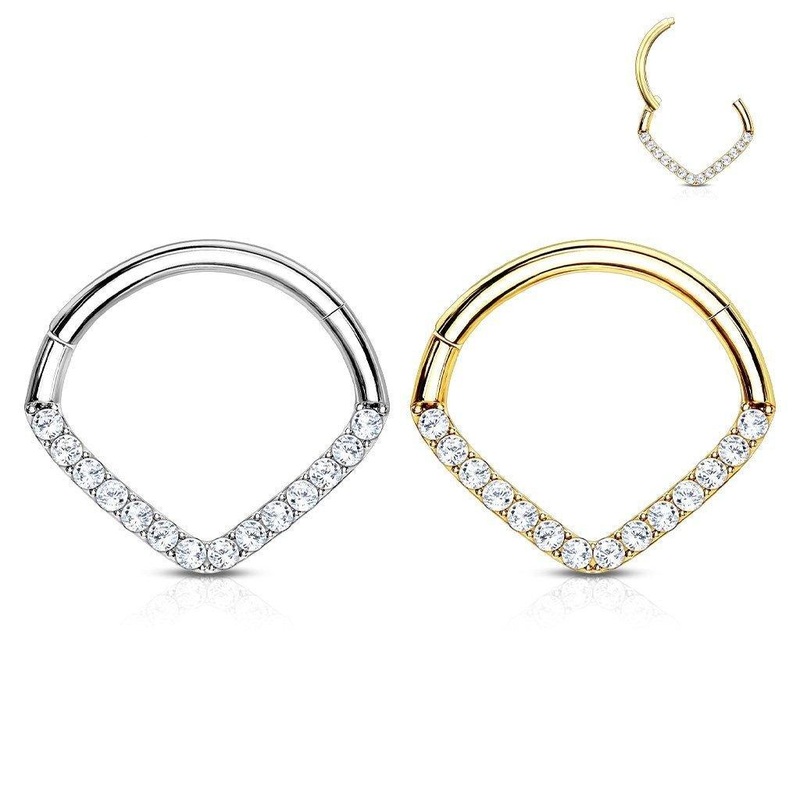 14kt Gold Chevron Paved Hinged Ring 16G White Gold 6mm