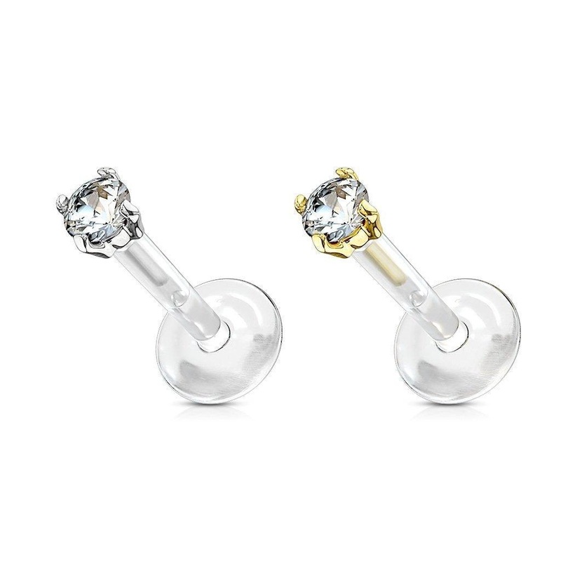14kt Gold Prong Gem Bioflex Labret 16G White Gold 6mm