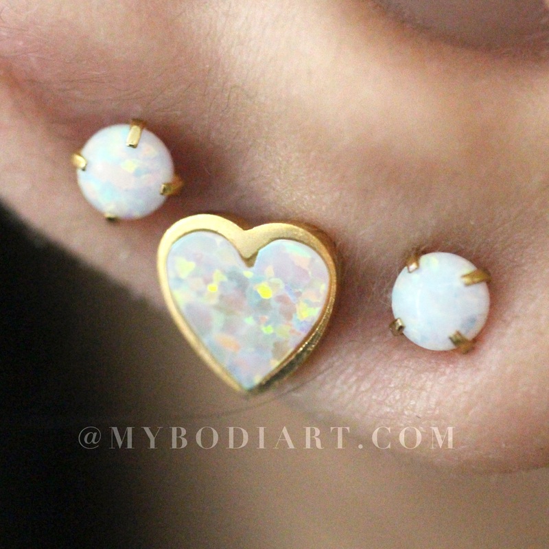 Midori Opal Heart Ear Piercing Jewelry 16G Earring  Studs in Gold Pair of Barbells (2)