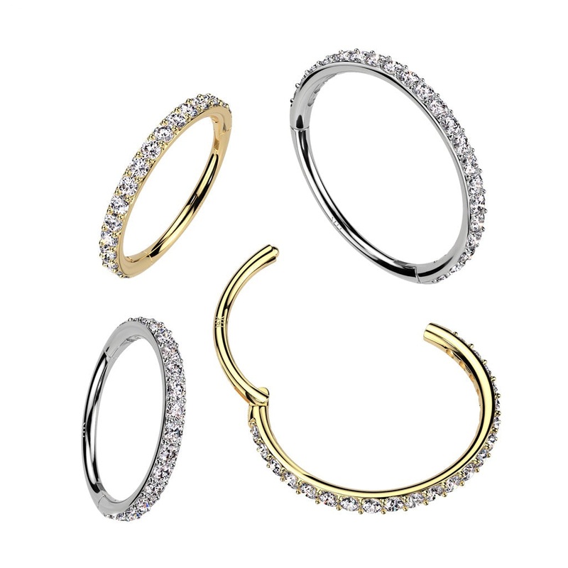 14kt Gold Paved Hinged Nose Ring 20G White Gold