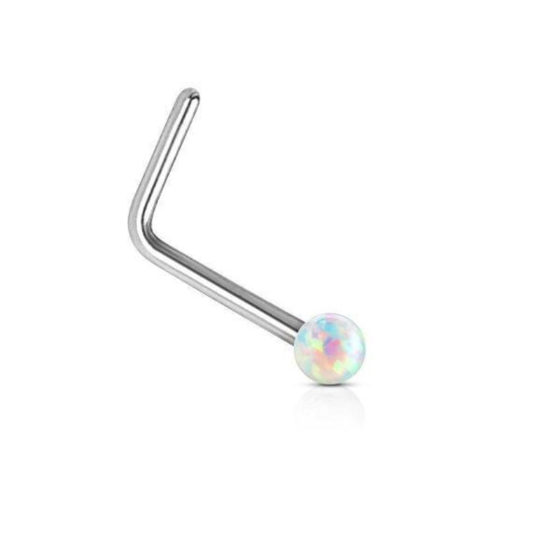 14kt White Gold Opal Ball Nose L Bend 20G White