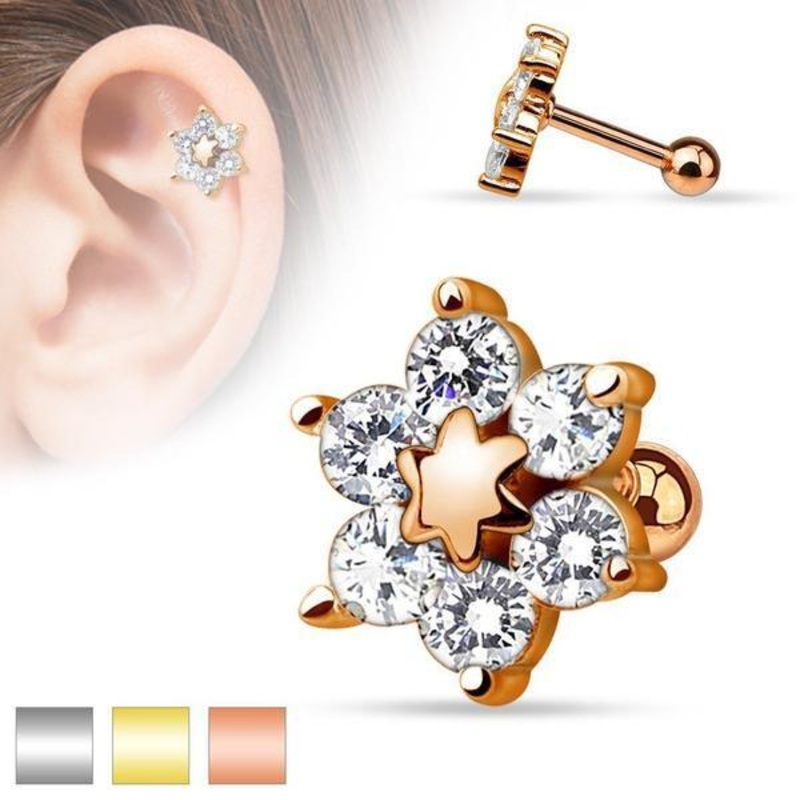 6 Gem Flower Cartilage Bar 16G Gold