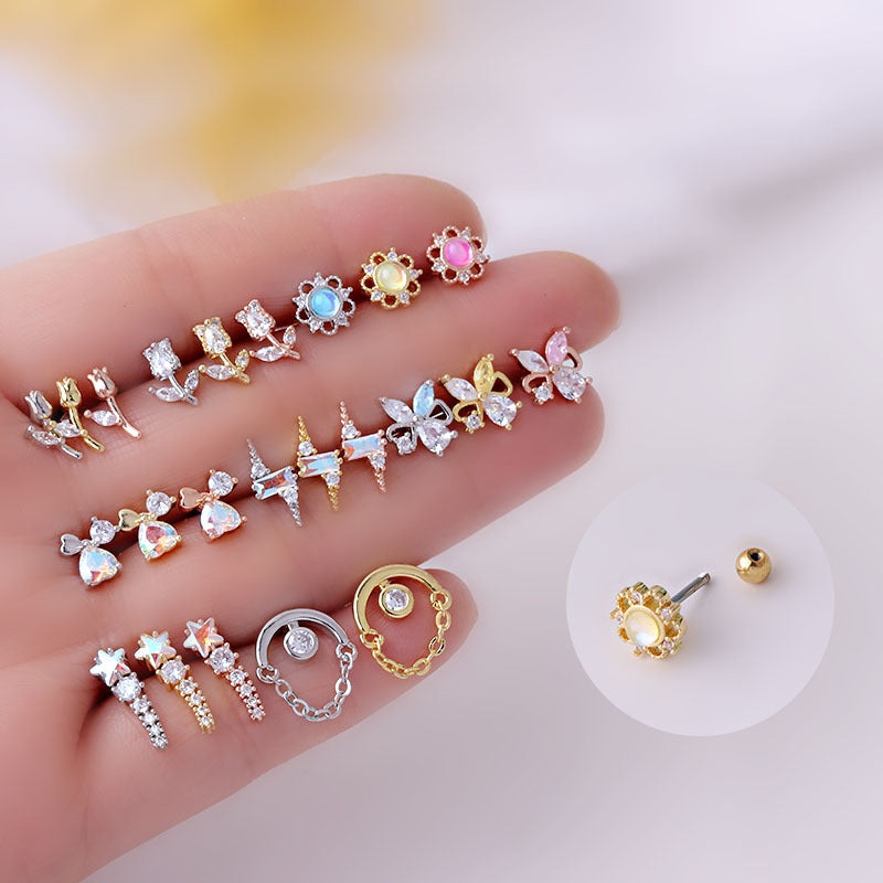 Amaryllis Aesthetic Crystal Flower Butterfly Ear Piercing Earring Studs GOLD 8  – 2 Pieces