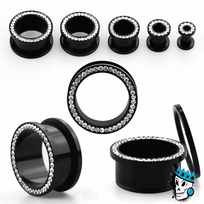 Black Acrylic Bling Flesh Tunnels (8 gauge – 1 inch) 8 g