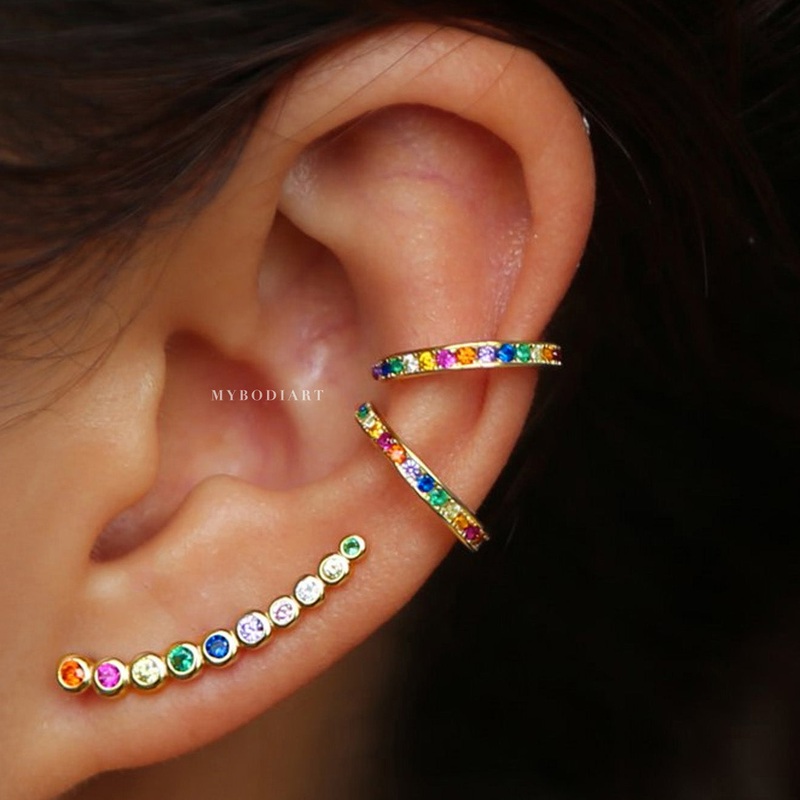 Bubbles Rainbow Gemstone Crystal Ear Climber / Ear Cuff Earrings Gold Ear Climbers – Pair of Earrings (2)