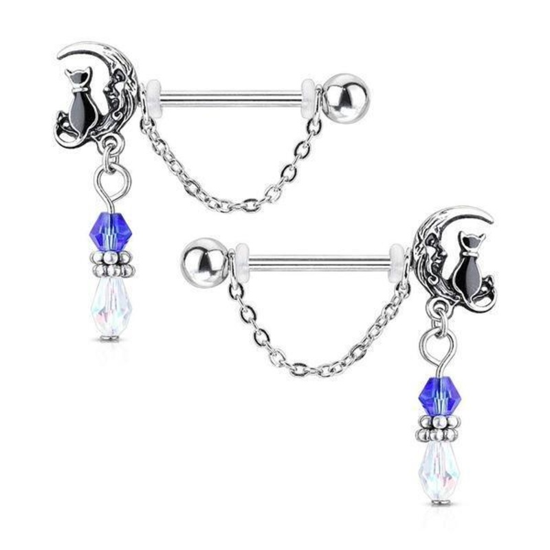 Cat and Moon Nipple Dangle PAIR 14G