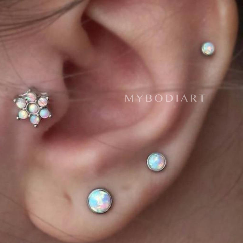 Flora Opal Flower Ear Piercing Earring Opalite (White Opal) Pair of Piercings (2)