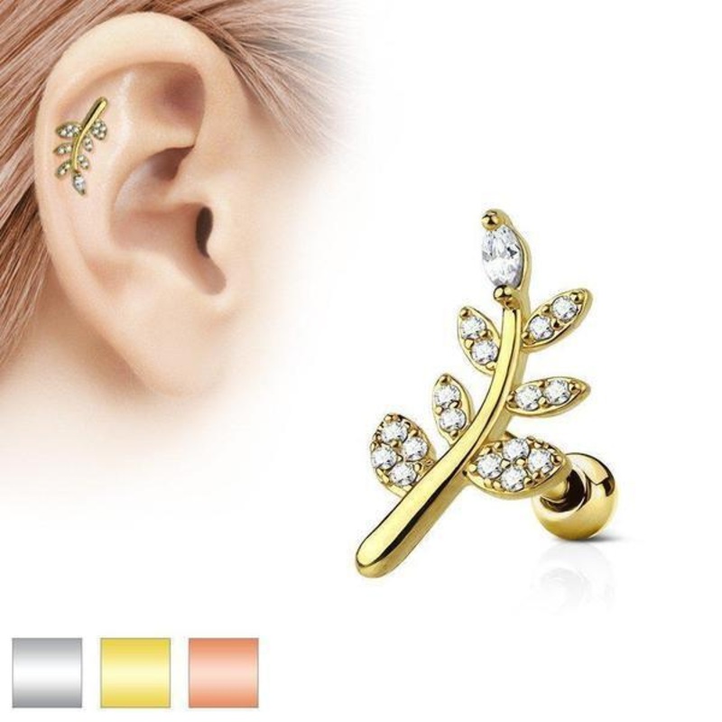 Gem Paved Leaf Cartilage Bar 16G Gold