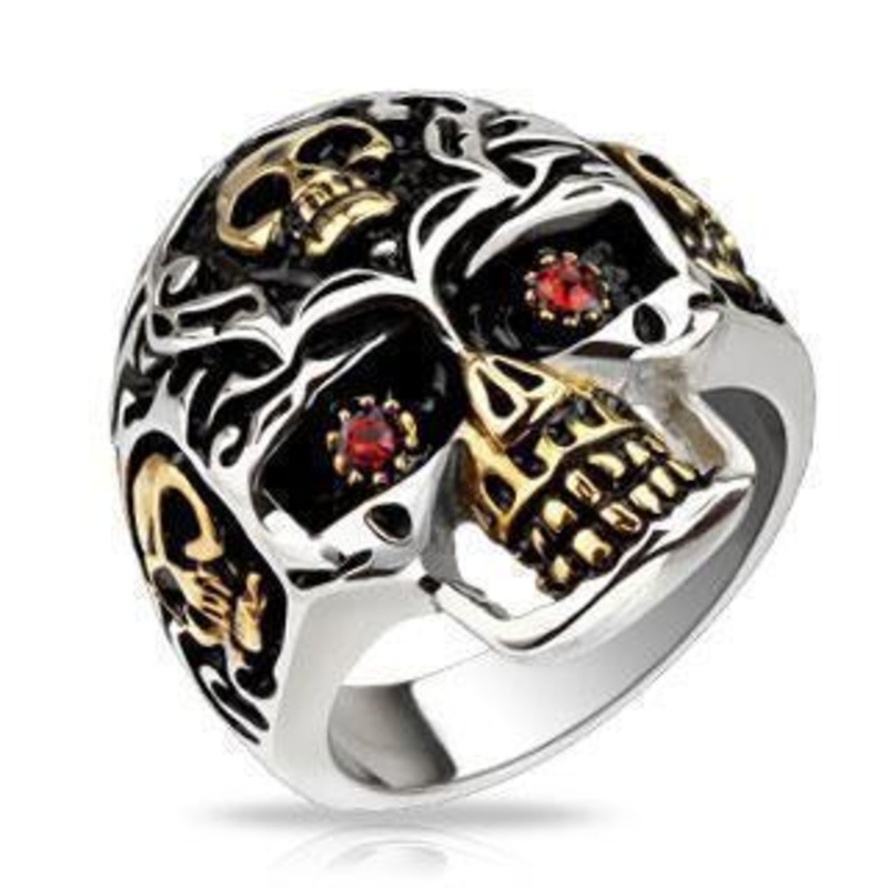Gold Accent Red Eyed Skull Ring Size 9 (59.5mm)
