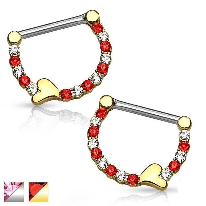 Heart Nipple Clicker PAIR 14G Gold and Red (Pair)