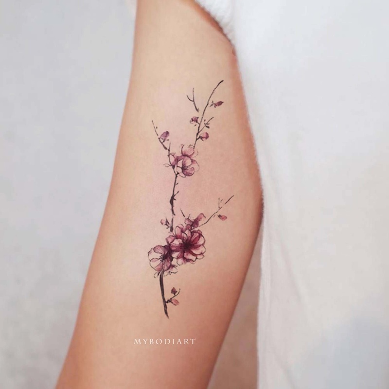 Rumiko Beautiful Watercolor Pink Cherry Blossom Floral Flower Temporary Tattoo