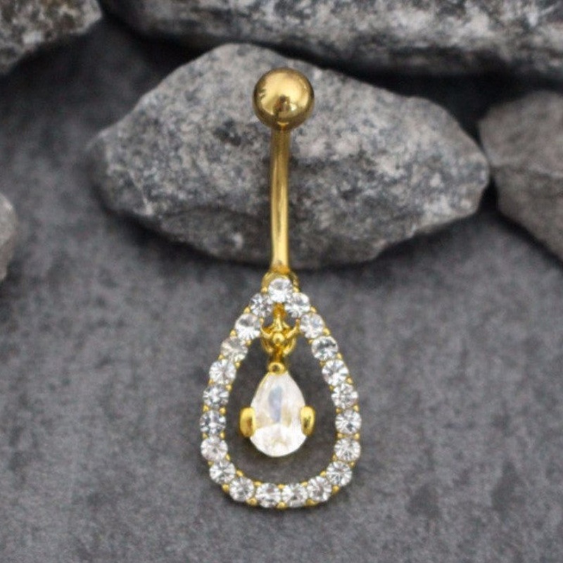 Tear Drop Belly Bar in Clear Crystals