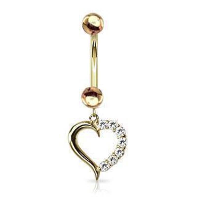 14kt Yellow Gold Heart Dangle Belly Bar 14G