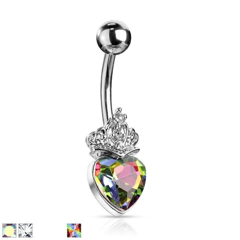 Crown Heart Belly Bar 14G Clear