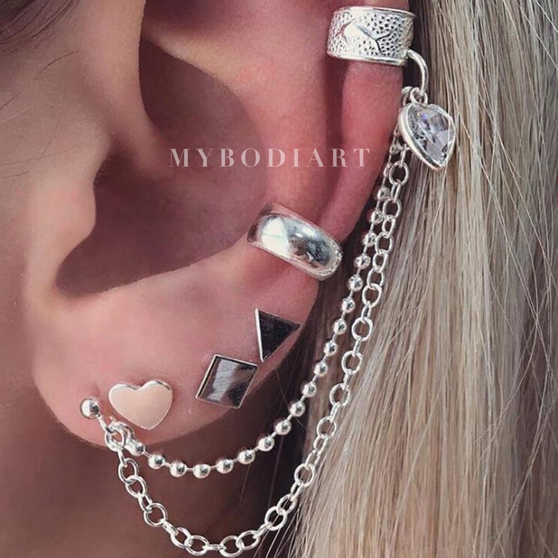 Ellie Ear Cuff Cartilage Chain & Geometric Shapes Earring Studs Set 5 Pieces