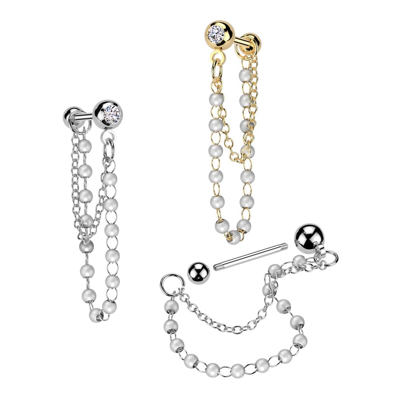 Pearl Chain Cartilage Bar Gold