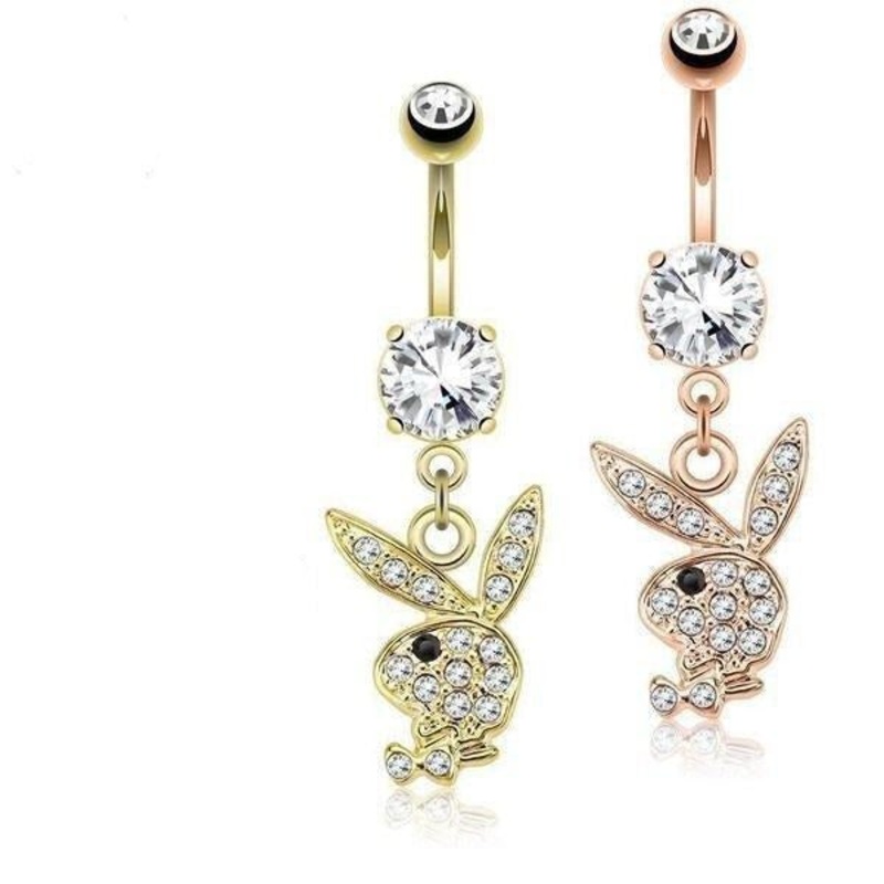 Playboy Paved Bunny Dangle Belly Bar Rose Gold
