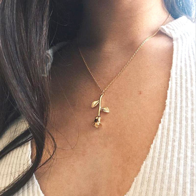 Roselina Simple Single Rose Pendant Necklace Gold