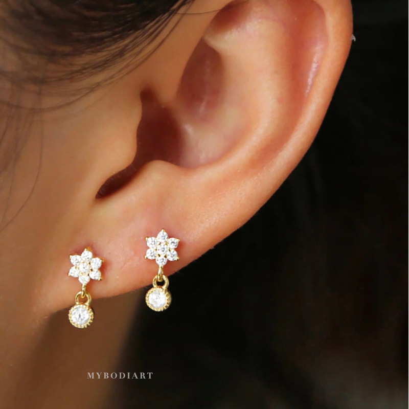 Samantha Small Simple Cute Crystal Flower Drop Earring Studs in Gold