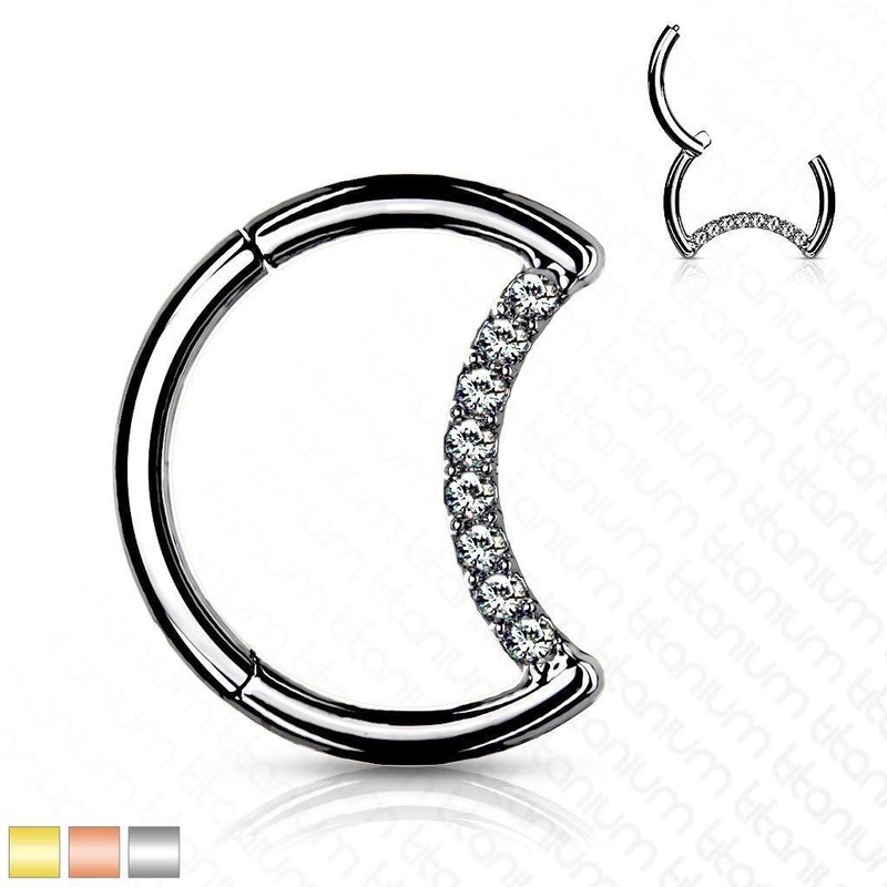 Titanium Gem Moon Hinged Ring 16G Gold