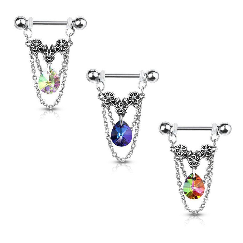 Triple Flower Chain Nipple Dangle 14G 14mm Aurora Borealis