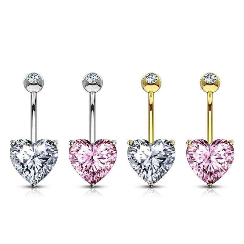 14kt Gold Heart Gem Belly Bar 14G White Gold Clear
