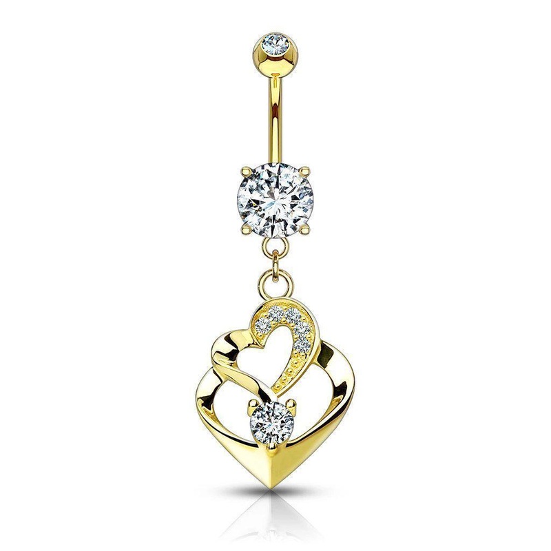14kt Yellow Gold Double Heart Belly Bar 14G