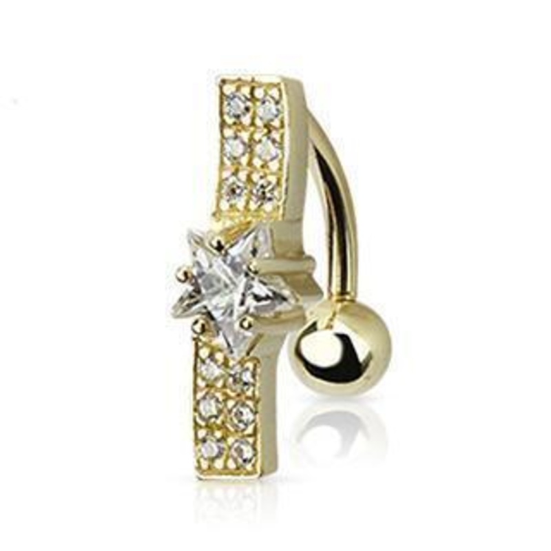 14kt Yellow Gold Star Drop Belly Bar 14G