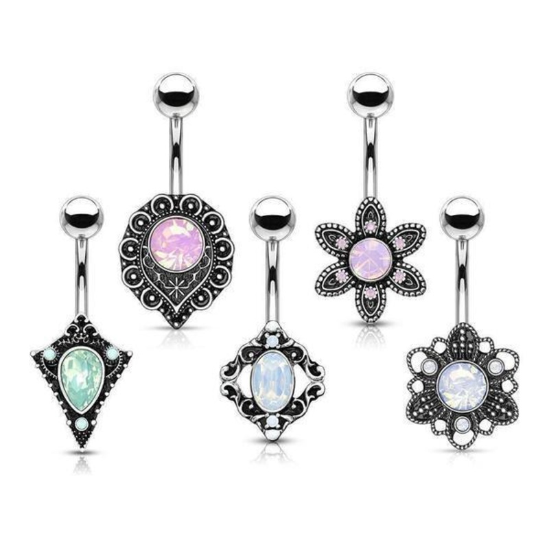 5pc Opalite Antique Belly Bars 14G