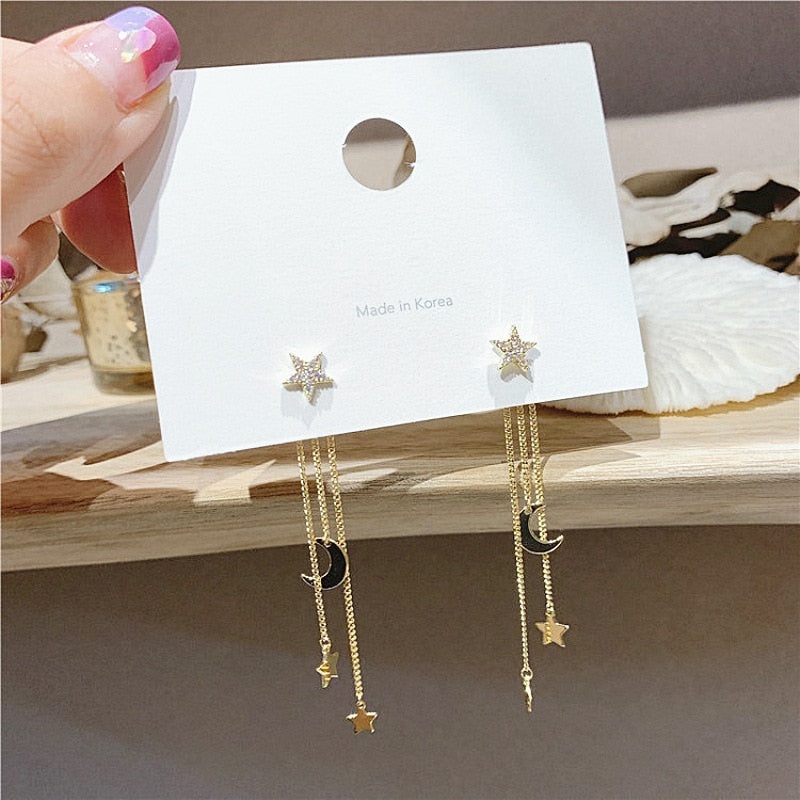 Aliz Celestial Star Moon Chain Drop Dangle Earring Studs