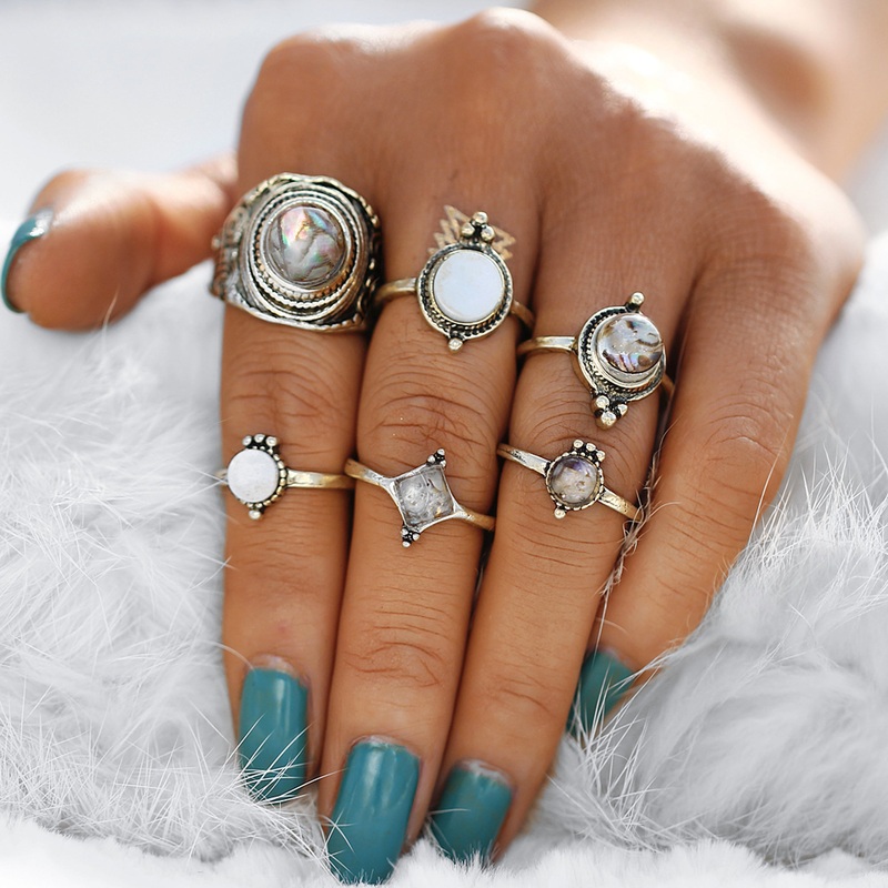 Arya Boho Antiqued Gold Opal Shell Statement Midi Ring & Rings Set 6 Pieces