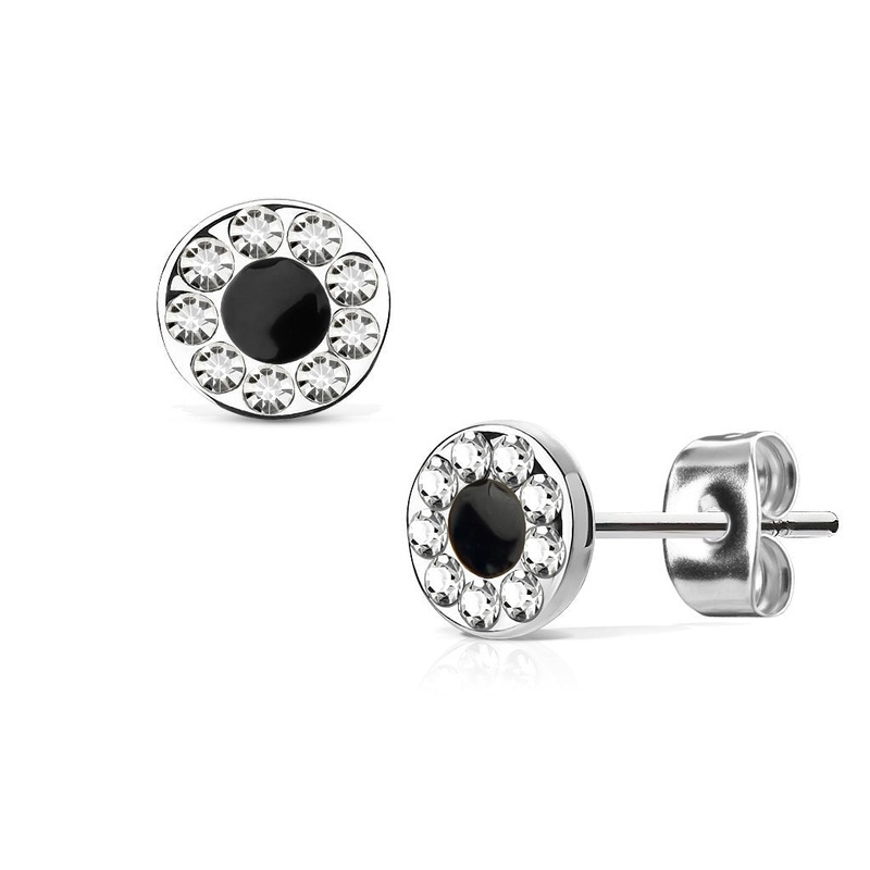 Black Centre Paved Earrings Pair Gold