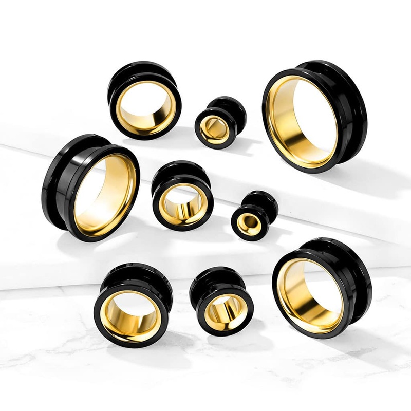 Black Steel Flesh Tunnels with Gold Inlay (2 gauge – 1 inch) 2 g