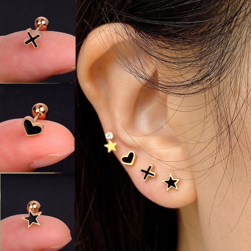 Devlin Black Enamel Heart Star Ear Piercing Earring Studs Cross – Gold (1 pair)