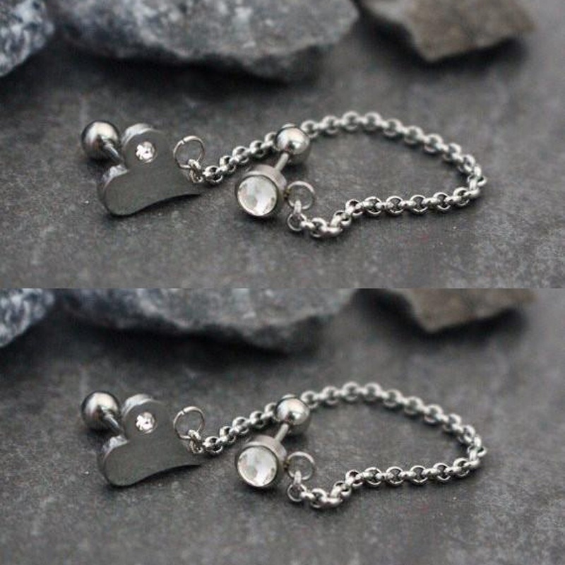 Double Cartilage Chain Earring with Crystal Heart