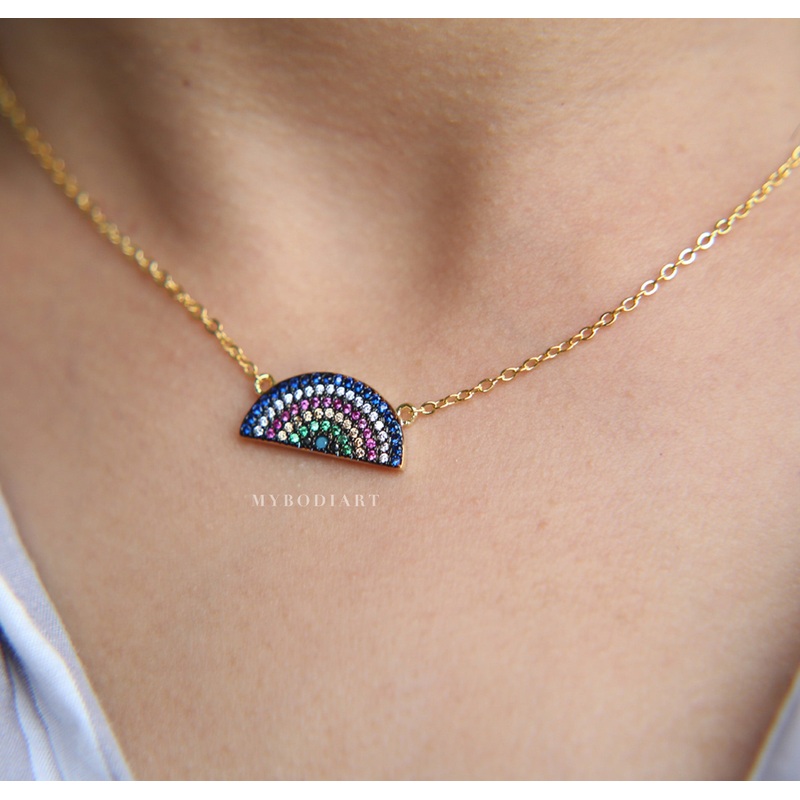 Giddy Colored Rainbow Gemstone Crystal Pave Pendant Chain Necklace Gold 45cm