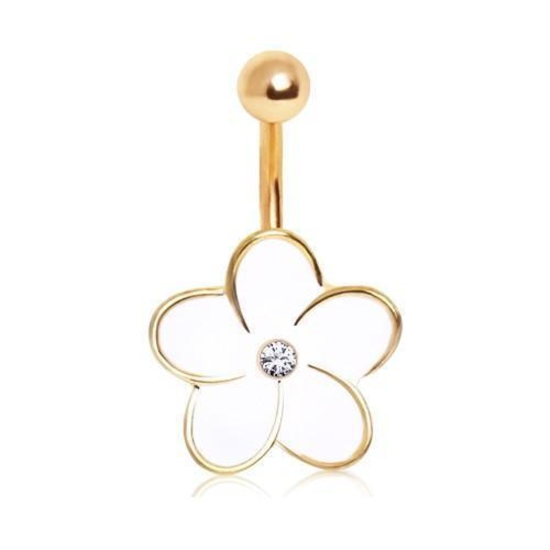 Gold Trim Flower Belly Bar 14G