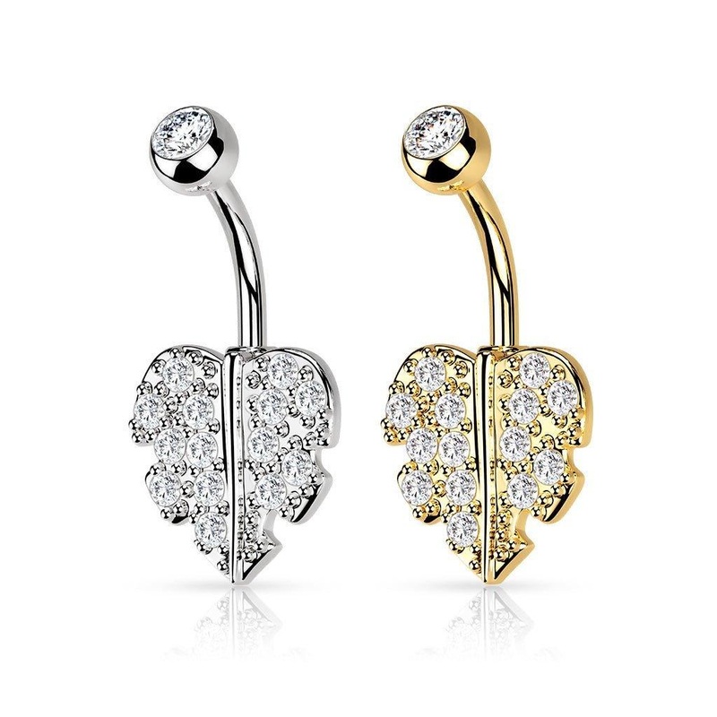 Paved Heart Leaf Belly Bar 14G Gold