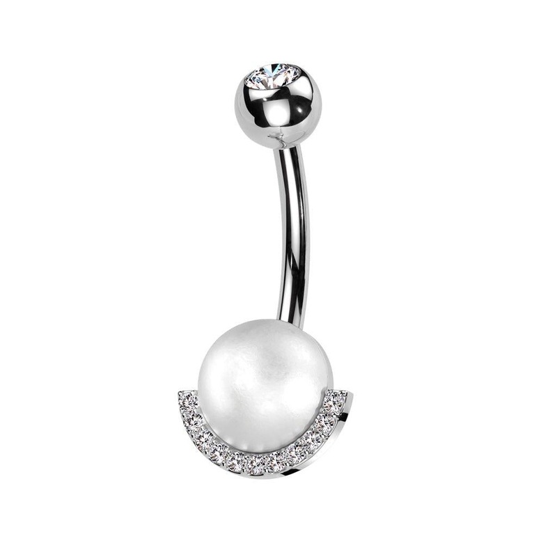 Pearl and Paved Gem Belly Bar 14G Gold